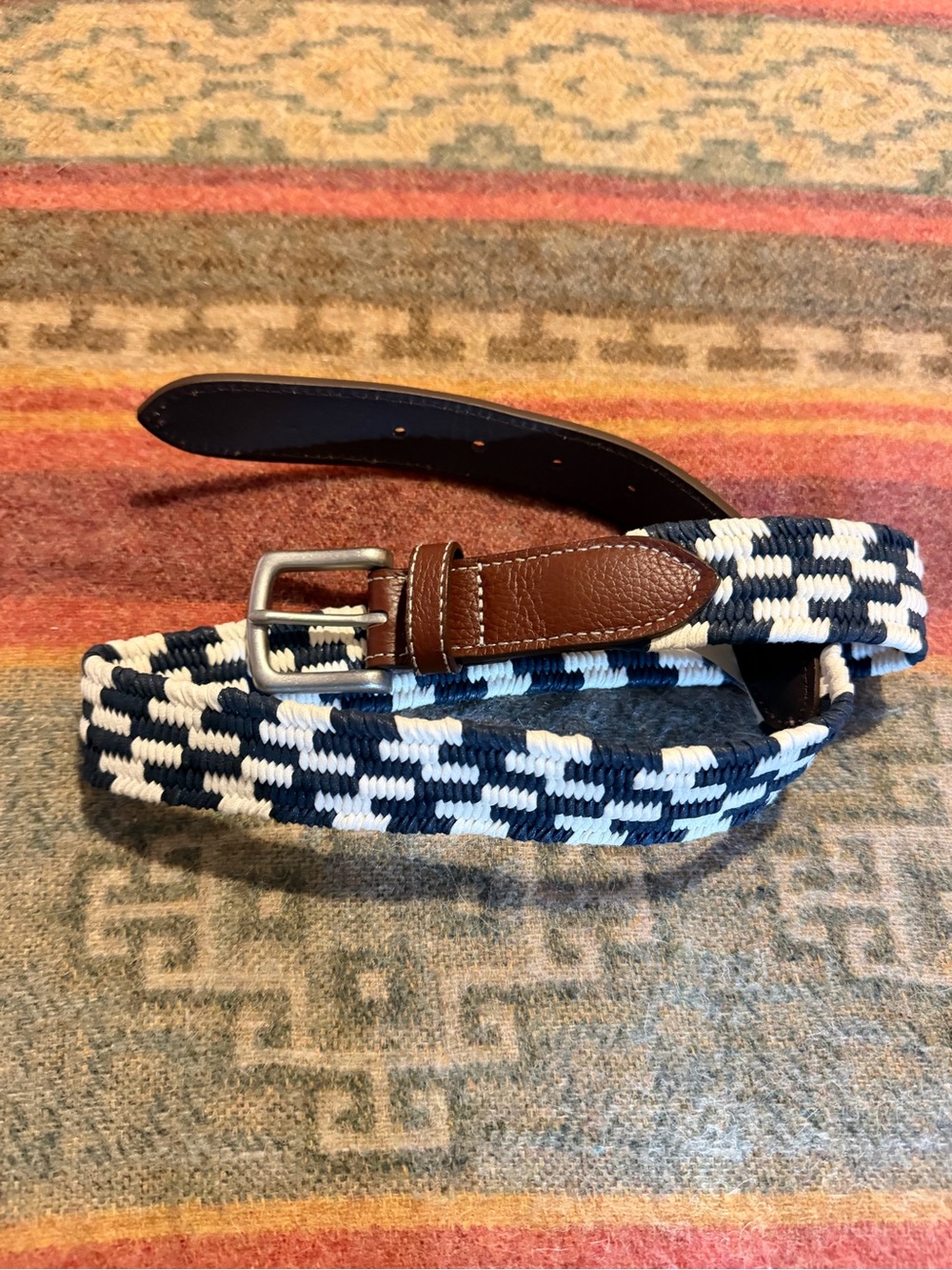 Brooks Brothers Navy White Woven Belt Brown Leather Size S